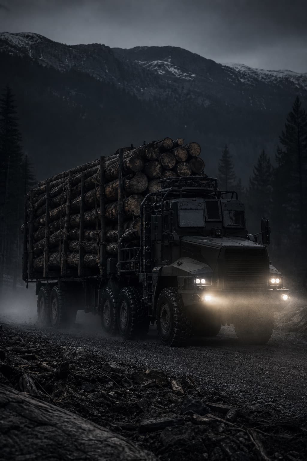 Loaded logging truck on a gravel forestry road at dusk