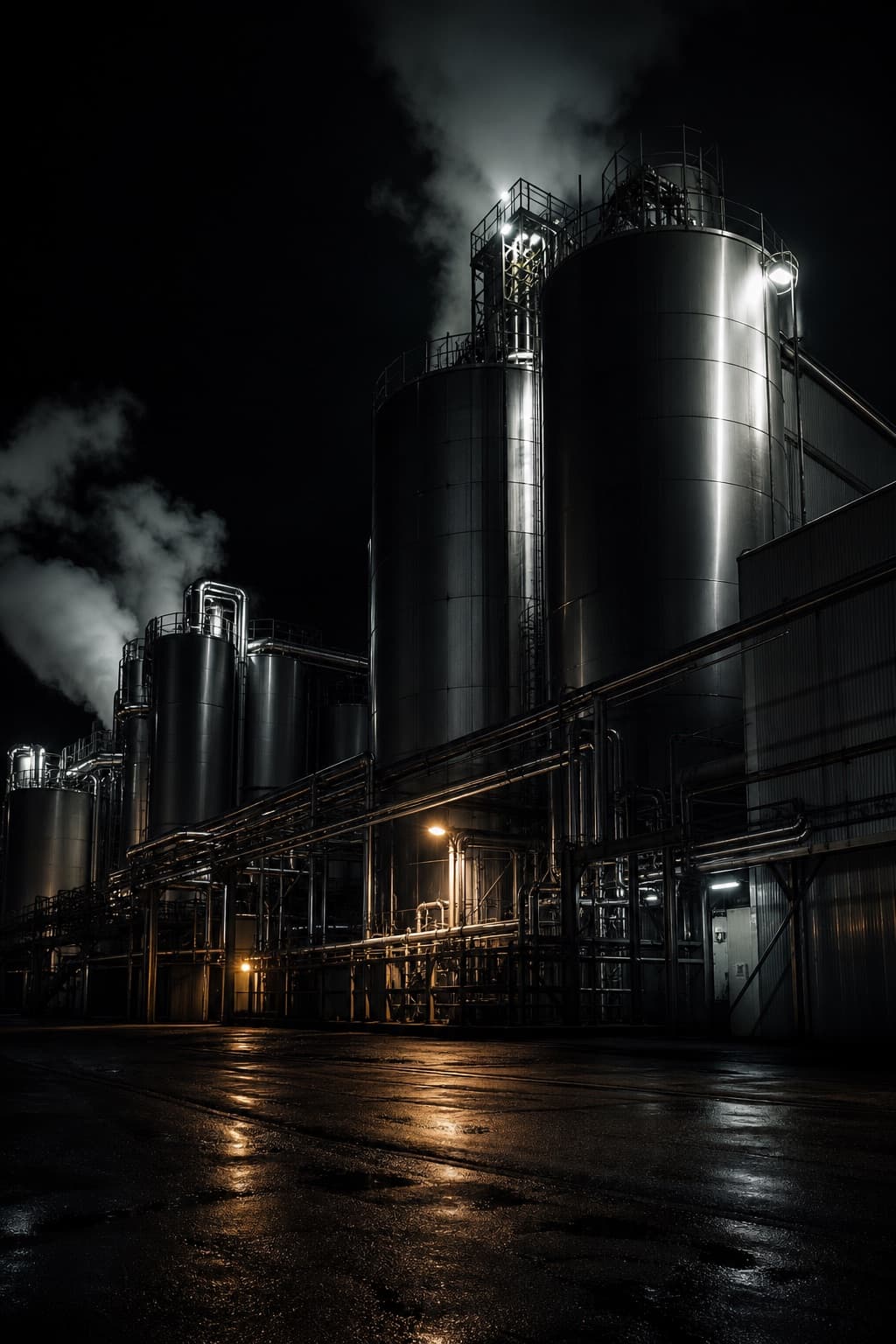 Stainless silos and pipework of a processing facility at night