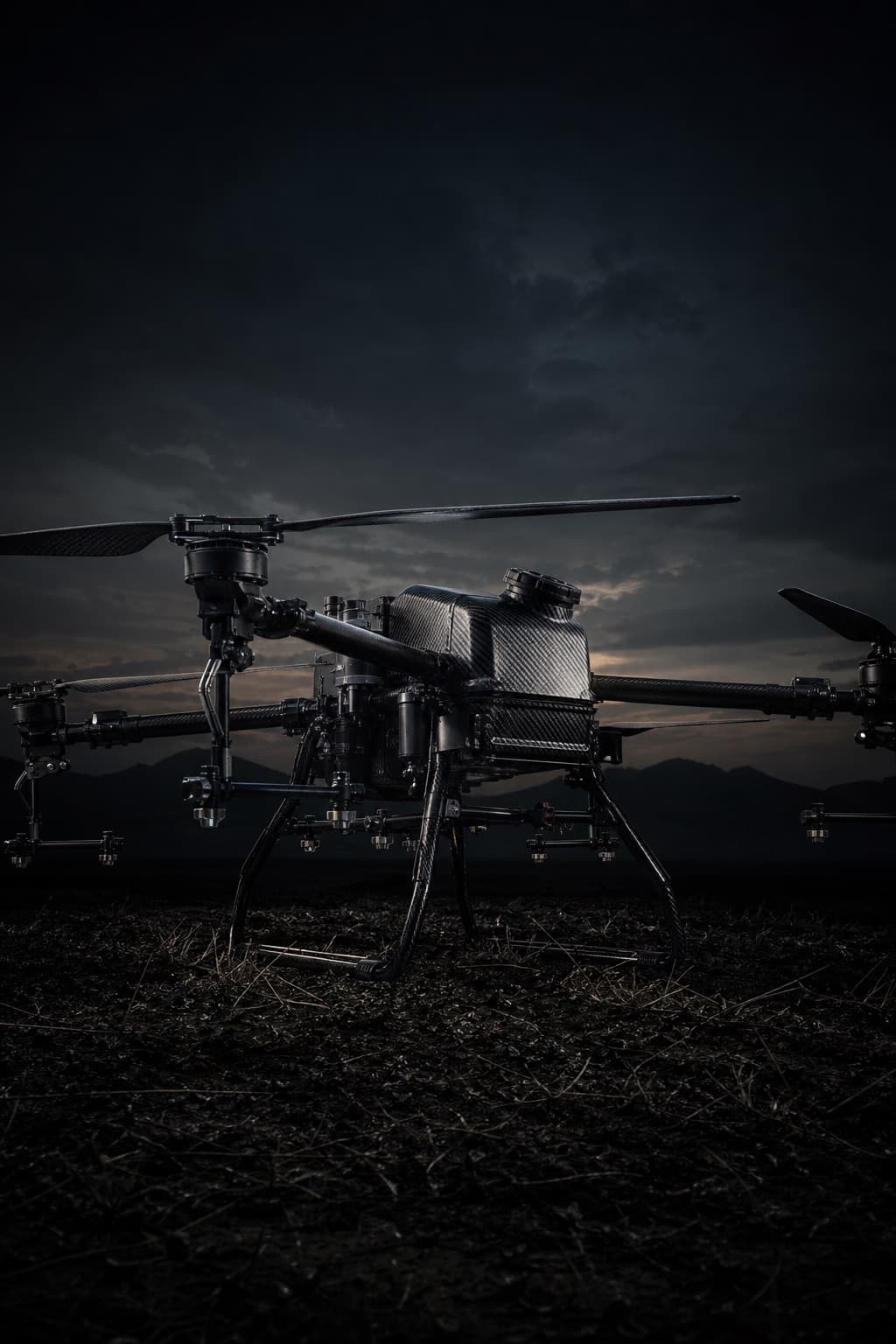 Industrial agricultural drone rim-lit in a dark field